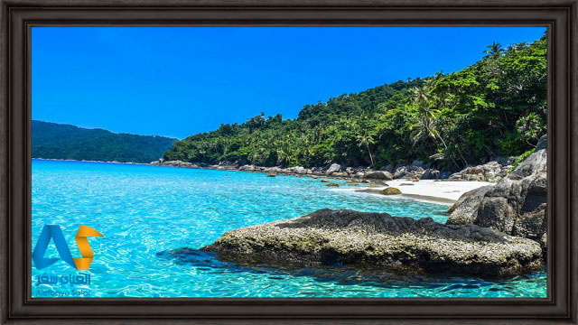 آب آبی فیروزه ای و درختان سرسبز در جزیره پرهنتیان مای
