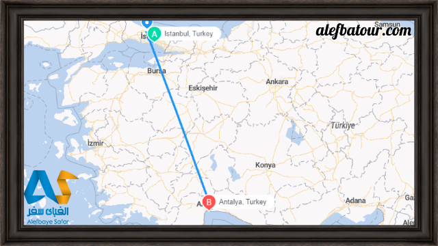 مسافت استانبول تا آنتالیا روی نقشه